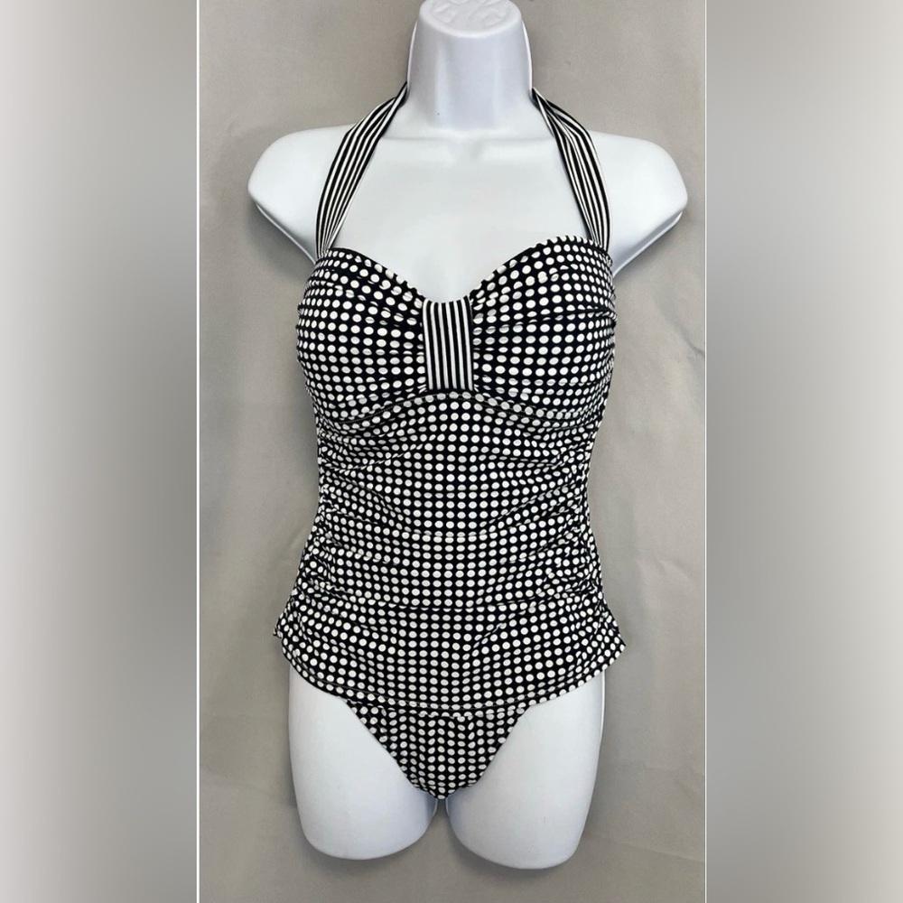 Tommy Bahama dk nvy & wht plka dt one piece halter swimsuit SZ 12 pinup girl